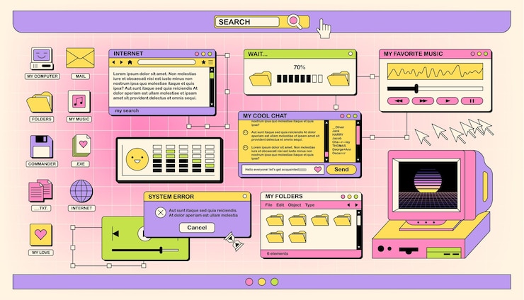 Vecteur l'écran d'un vieux pc rétro dans le style y2k retro wave et vaporwave background bright vintage