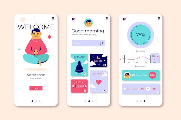 Écrans de l'application de méditation