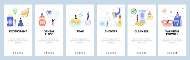 Écrans D'intégration De L'application Mobile Icônes De Routine Du Matin Déodorant Soie Dentaire Savon Douche Poudre à Laver...