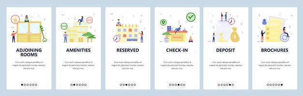 Écrans D'intégration D'applications Mobiles. Bâtiment De L'hôtel, Salle De Réservation, Comptoir D'enregistrement. Modèle De Bannière De Vecteur De Menu Pour Le Développement De Site Web Et Mobile. Illustration Plate De Conception De Site Web.