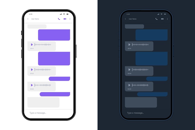 Écrans Smartphones Avec Application De Chat En Mode Clair Et Sombre Illustration Vectorielle