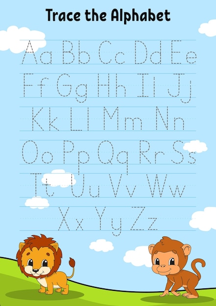 Vecteur Écrire des lettres page de traçage feuille d'exercice feuille de travail pour enfants apprenez l'alphabet caractère mignon illustration vectorielle de style dessin animé