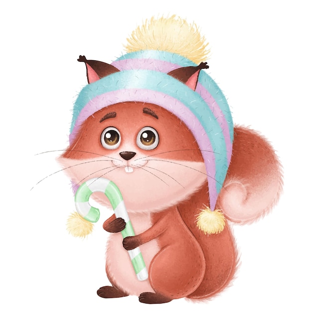 Écureuil mignon dans un chapeau avec illustration de vacances pour enfants de bonbons pour les cartes de nouvel an