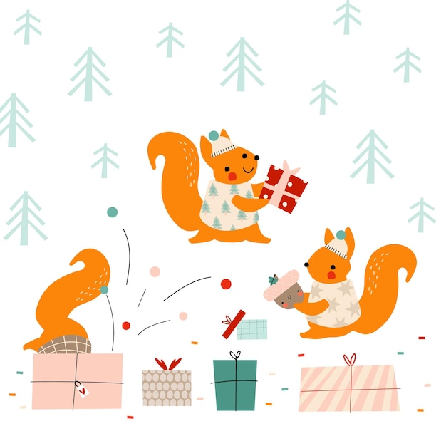 Vecteur des écureuils mignons ouvrent des cadeaux de noël illustration pour enfants pour le calendrier ou l'affiche de l'avent