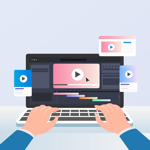 Éditeur vidéo travaillant sur un clavier d'ordinateur portable Interface de montage vidéo Montage de films sur les médias sociaux