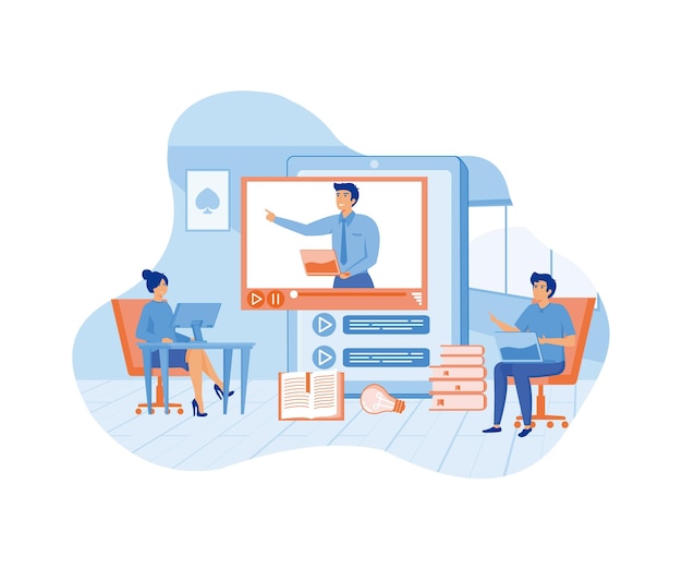L'éducation en ligne et l'apprentissage électronique à domicile par la formation en ligne et la conception de la formation en vidéo en ligne tutoriel podcast et coaching d'affaires concept vecteur plat illustration moderne