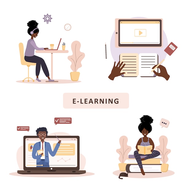 Vecteur Éducation en ligne. concept de design plat de didacticiels vidéo et de formation. étudiant africain apprenant à la maison. illustration vectorielle pour site web, matériel de marketing, modèle de présentation, publicité en ligne.