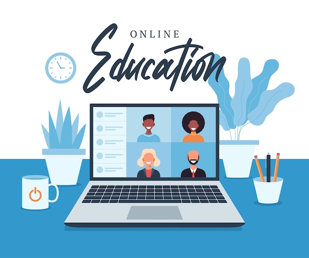 Éducation En Ligne, E-learning, Concept De Cours En Ligne, Illustration De L'école à Domicile. étudiants Sur écran D & # 39; Ordinateur Portable