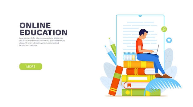 Éducation en ligne. Jeune homme assis avec un ordinateur portable sur une pile de livres et étudie à distance des cours en ligne.