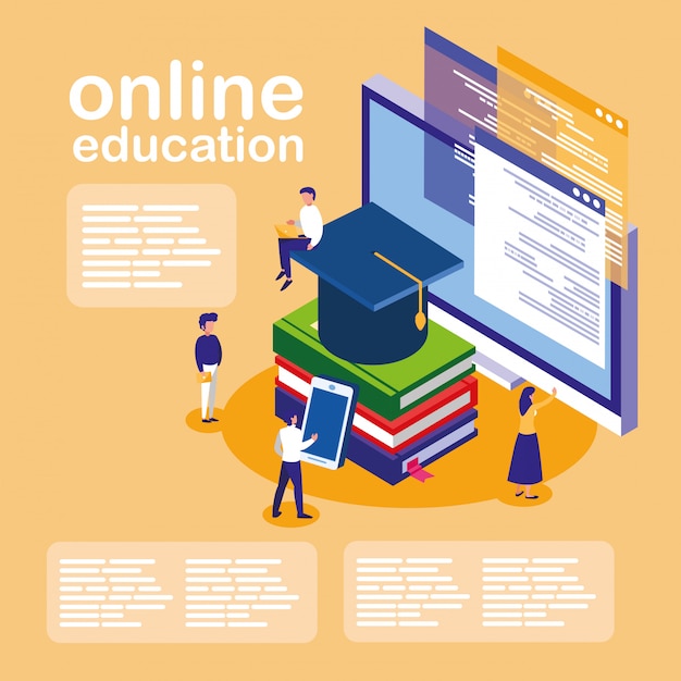 Education en ligne avec ordinateur et mini-personnes