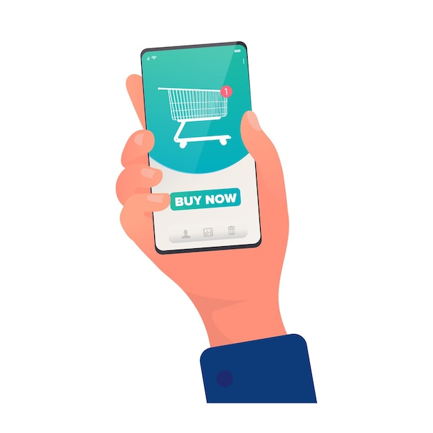 Effectue des achats via l'application. Icône de panier dans la boutique en ligne. Acheter des marchandises en ligne. Mains avec un gros plan de téléphone. Isolé. Vecteur.