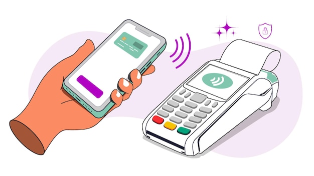 Vecteur effectuer le paiement en magasin pour l'illustration vectorielle du concept de point de vente (pos) à l'aide de la technologie nfc