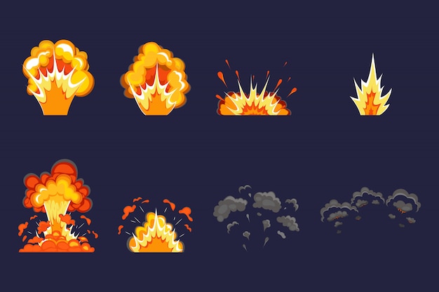 Effet d'explosion avec fumée, flamme et particules. Explosion de dynamite, bombe atomique, fumée après l'explosion. Explosion d'une bombe de dessin animé.