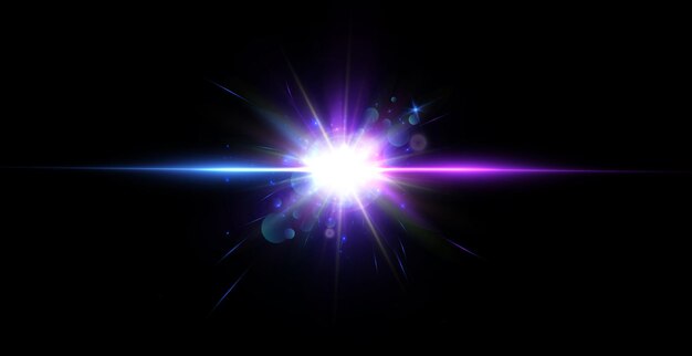 Effet de lumière brillante avec des rayons et des éblouissements brille avec le vecteur de lumière bleu et violet pour les illustrations