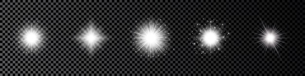 Effet De Lumière Des Fusées éclairantes Ensemble De Cinq Effets De Starburst De Lumières Rougeoyantes Blanches Avec Des étincelles Sur Un Fond Transparent Sombre Illustration Vectorielle