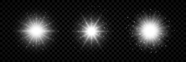 Effet De Lumière Des Fusées éclairantes Ensemble De Trois Effets De Starburst De Lumières Rougeoyantes Blanches Avec Des étincelles Sur Un Fond Transparent Illustration Vectorielle