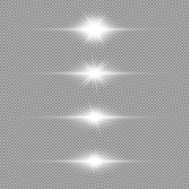 Effet lumineux des éclairs de lentille Set de quatre effets d'éclatement d'étoiles lumineux horizontaux blancs avec des étincelles sur un fond gris transparent Illustration vectorielle