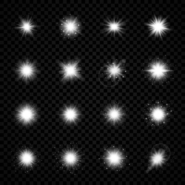 Effet Lumineux Des Reflets D'objectif. Ensemble De Seize Effets De Starburst De Lumières Incandescentes Blanches Avec Des étincelles Sur Un Fond Transparent. Illustration Vectorielle