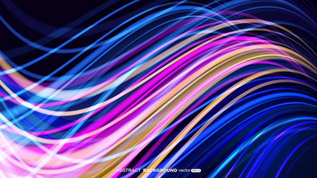 Vecteur effet ondulé de néon abstrait brillant lignes courbes fluides lumineuses sur fond bleu foncé