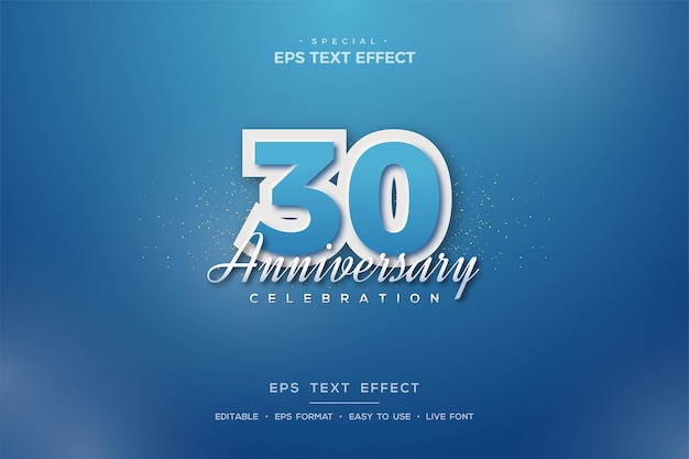 effet de texte du 30e anniversaire avec chiffres bleus et bordure blanche