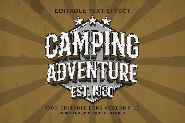 Vecteur effet de texte modifiable - camping adventure 3d retro logo template style vecteur premium