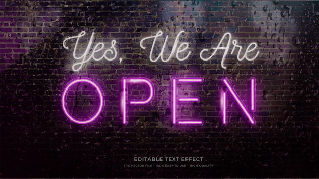 Vecteur effet de texte modifiable de typographie de néon de signe ouvert