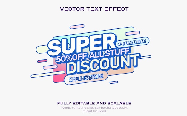 Vecteur effet de texte promotionnel de bannière super vente colorée avec fond de forme ronde