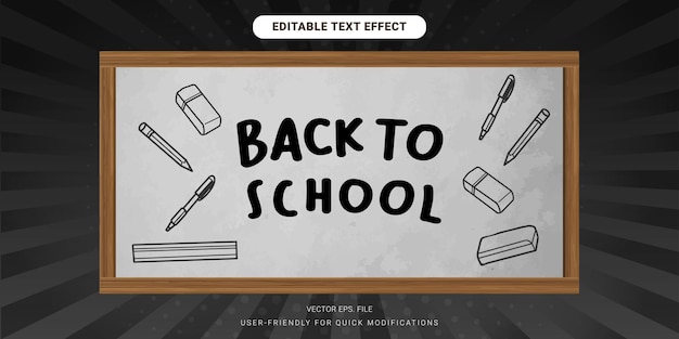 Effet de texte de retour à l'école avec un vecteur d'illustration stationnaire dessiné à la main sur tableau blanc