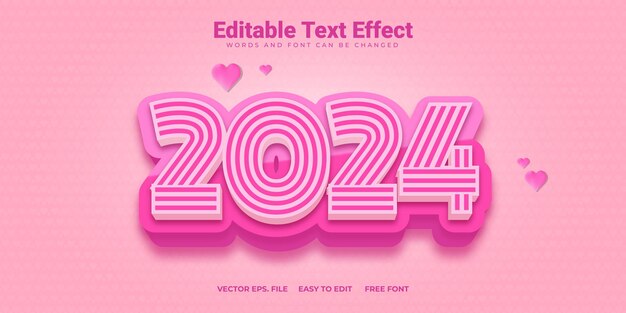 Vecteur effet de texte rose lumineux 2024 avec amour