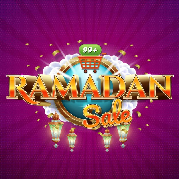 Vecteur effet de texte de vente de ramadan avec lanterne et fond violet