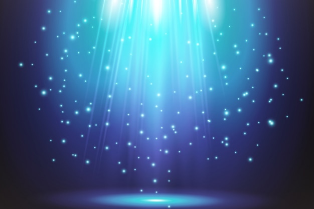Effets Lumineux Bleus Transparents Sur Fond Sombre. Projecteurs, Fusées éclairantes, Explosion Et étoiles.