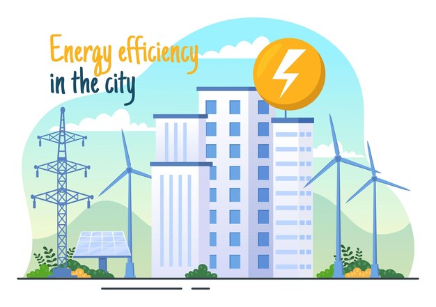 Efficacité énergétique Dans L'illustration Vectorielle De La Ville Avec Un Environnement Durable Du Soleil Et Du Vent