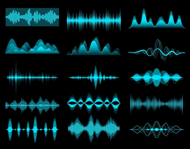 Égaliseur de musique sonore HUD, ondes audio. Éléments d'interface, forme d'onde de fréquence vocale vectorielle. Onde sonore HUD ou forme d'onde numérique de signal radio, volume de musique et enregistrement ou égaliseur de lecture