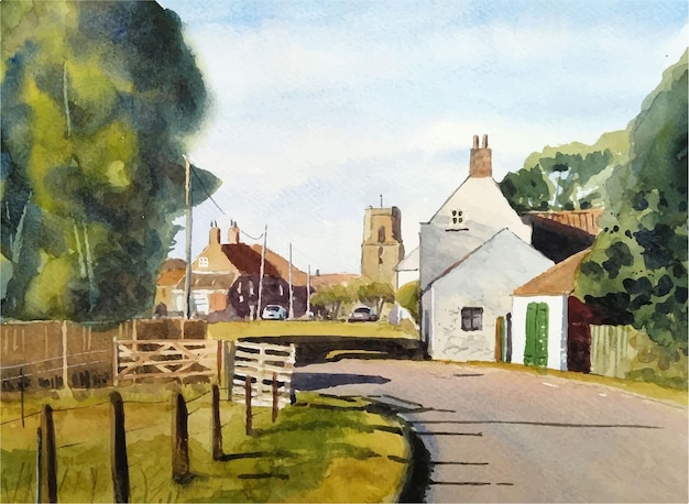 Vecteur Église aquarelle dans l'illustration du village