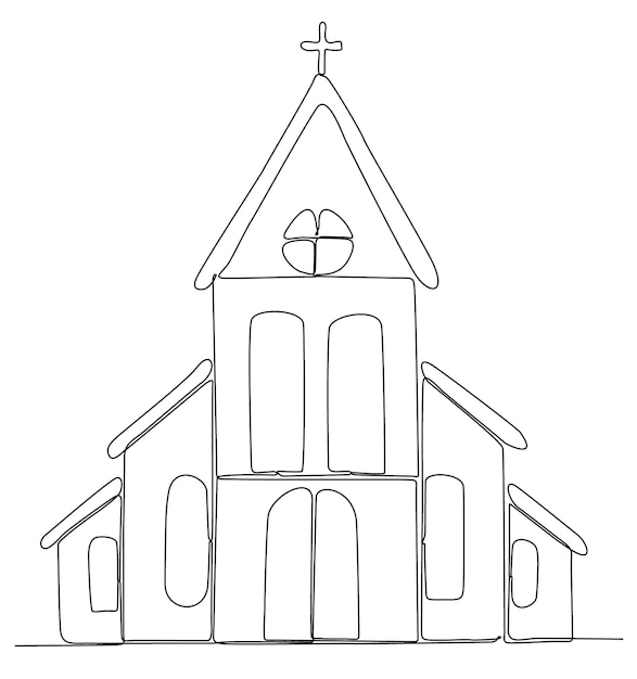 Vecteur Église dans le style de dessin d'art en ligne continue. bâtiment abstrait de l'église avec clocher.