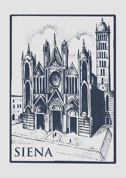 Église Gotique De Sienne, Tuskany, Italie Ancienne à La Main Vintage Illustration Gravée Dessinée Avec Bâtiment Et Symbole De La Cathédrale De La Ville Duomo Di Siena