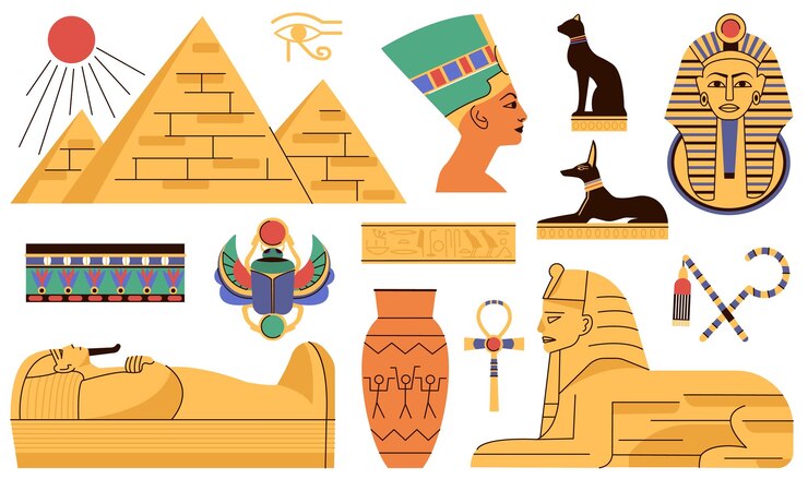 Égypte éléments plats sculpture et bâtiment égyptien pyramides oasis monuments historiques anciens pharaons et architecture kit vectoriel décent illustration de sculpture égyptienne pyramide