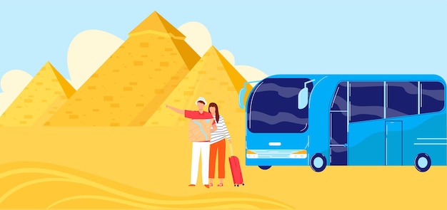 Egypte Pyramide Touristique Voyage Bus Tourisme Voyage Transport Conception De Fond En Illustration Vectorielle De Style Dessin Animé