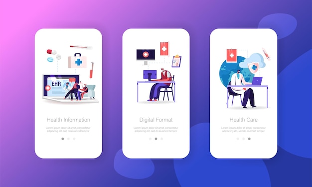 Vecteur ehr, modèle d'écran intégré de la page d'application mobile de dossier de santé électronique