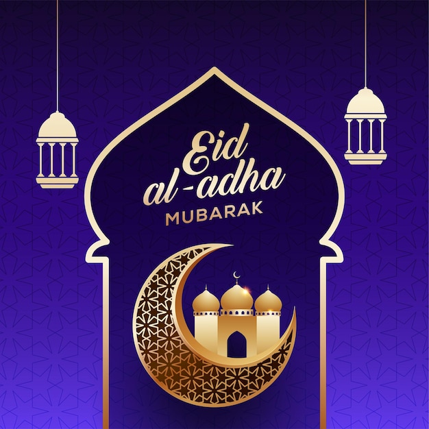 Eid Al-adha Moubarak - Salutation Musulmane Traditionnelle. Lampes Arabes Suspendues Festives Et Mosquée Sur La Lune - Traduction : Eid Al-adha
