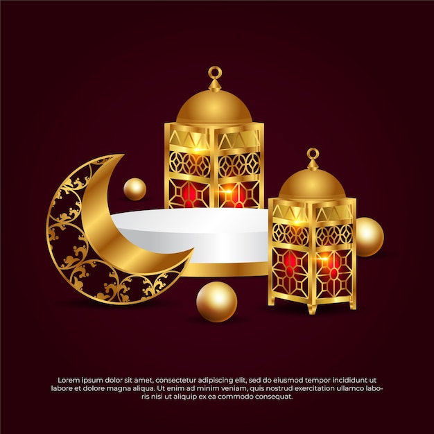 Eid al adha mubarak 3d lune dorée islamique et conception de vecteur de lampe