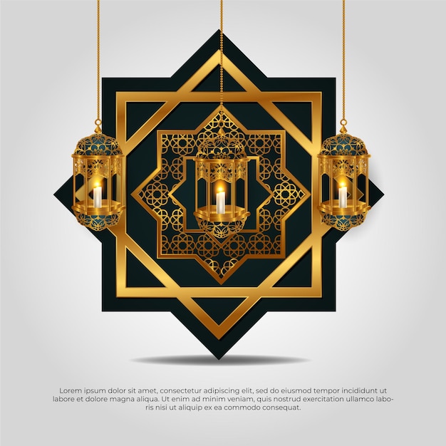 Eid al adha mubarak beau mandala étoile dorée 3d islamique et conception de vecteur de lampe