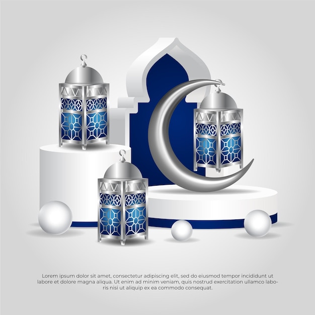 Eid al adha mubarak belle conception de vecteur bleu lune et lampe 3d islamique