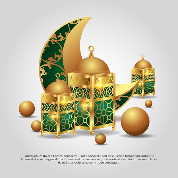 Eid al adha mubarak belle conception de vecteur de lampe de lune dorée et verte islamique