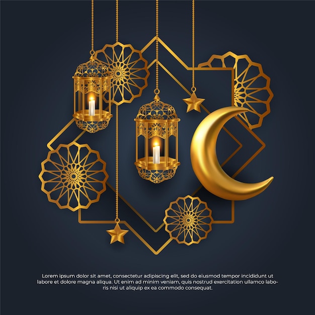 Eid al adha mubarak belle étoile de mandala de lune dorée 3d et conception de vecteur islamique de lampe