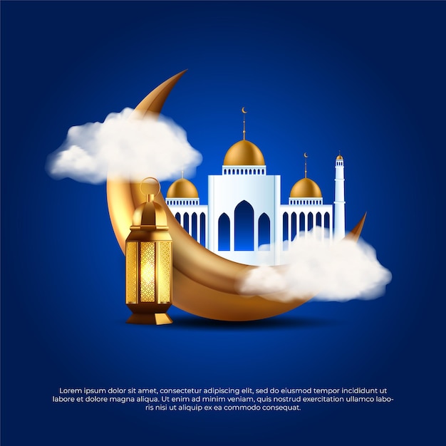 Vecteur eid al adha mubarak bleu islamique 3d lampe de lune dorée mosquée et conception de vecteur de nuage