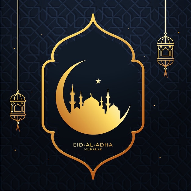 Eid-al-adha Mubarak Concept Avec Golden Crescent Moon, Une étoile, Une Mosquée Et Des Lanternes Suspendues Sur Fond De Motif Arabe Bleu.