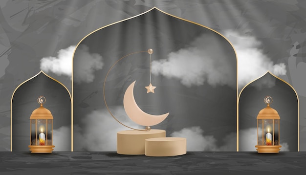 Eid Al Adha Mubarak Avec Crescent Moon Et Star Suspendus Sur Un Podium 3d Sur Fond De Ciment Gris