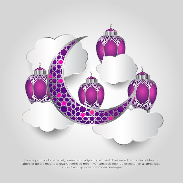 Vecteur eid al adha mubarak festival islamique lampe de lune et fond 3d nuage