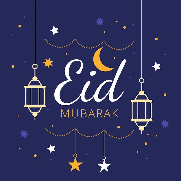 Eid mubarak croissant illustration étoiles suspendues avec ligne de lune étoile et beau fond